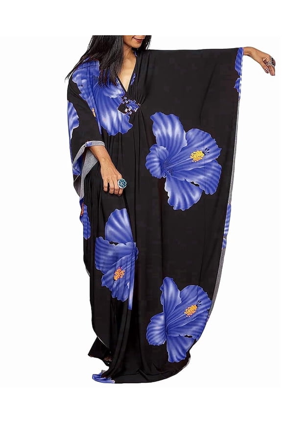 100% Polyester Floral Print V-Neck Batwing Sleeve Loose Caftan Maxi Dress, One Size, Women's Swimwear Cover-Ups Beachwear Kaftan