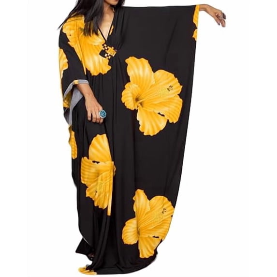 Bsubseach Fashion 100% Polyester Floral Print V-Neck Batwing Sleeve Loose Caftan Maxi Dress, One Size, Women's Swimwear Cover-Ups Beachwear Kaftan