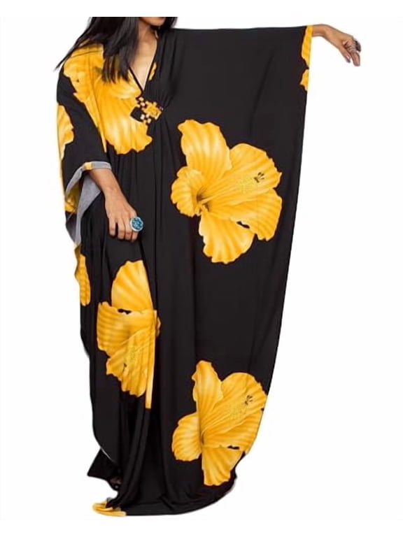 100% Polyester Floral Print V-Neck Batwing Sleeve Loose Caftan Maxi Dress, One Size, Women's Swimwear Cover-Ups Beachwear Kaftan