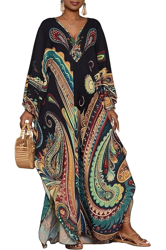 Kaftan Dress for Women Plus Sized Caftan Beach Cover Up Swimsuit Dresses Bathing Suit Cover Up Paisley Print Maxi Dress