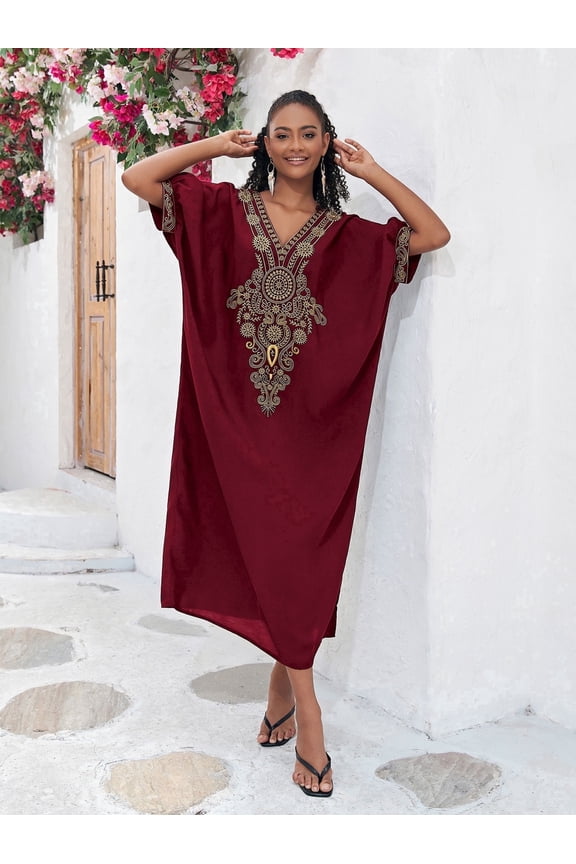 Women's Gold Embroidery Long Kaftan Dress Plus Size Beach Cover Up