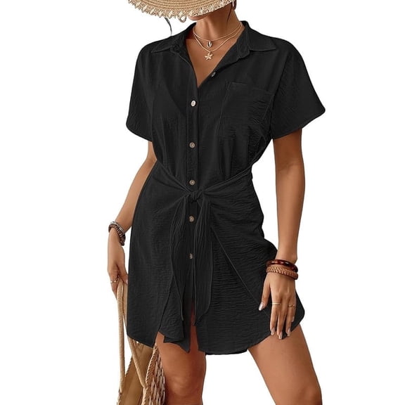 Bsubseach Fashion Womens Tie Waist Shirt Bathing Suit Dress Swimsuit Cover Up Short Sleeve Beach Cover-ups S-XL