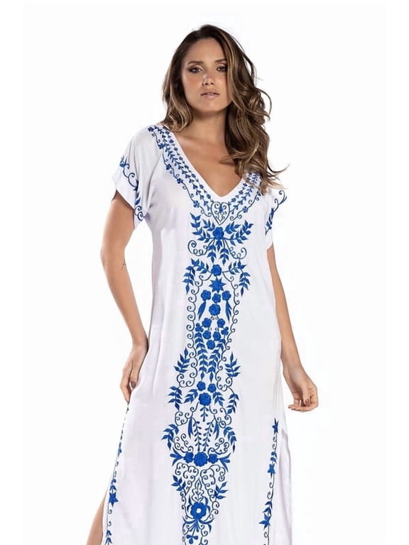 Polyester V Neck Short Sleeve Floral Embroidered Side Slit Boho Kaftan Maxi Dress One Size Women Swimwear Cover-Ups Beach Cover Up