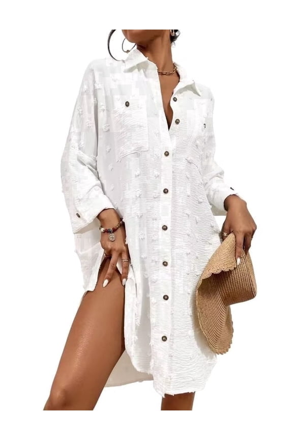 Womens Swiss Dot Oversized Shirt Dress Swimsuit Cover Up Long Sleeve Beach Cover-ups One Size