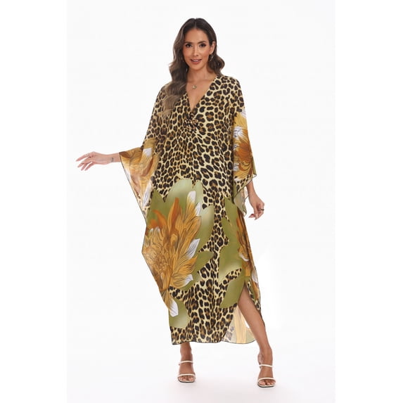 Bsubseach Fashion V Neck Leopard Floral Print 100% Polyester Beach Kaftan Women Resort Swim Cover Up Maxi Dress, One Size