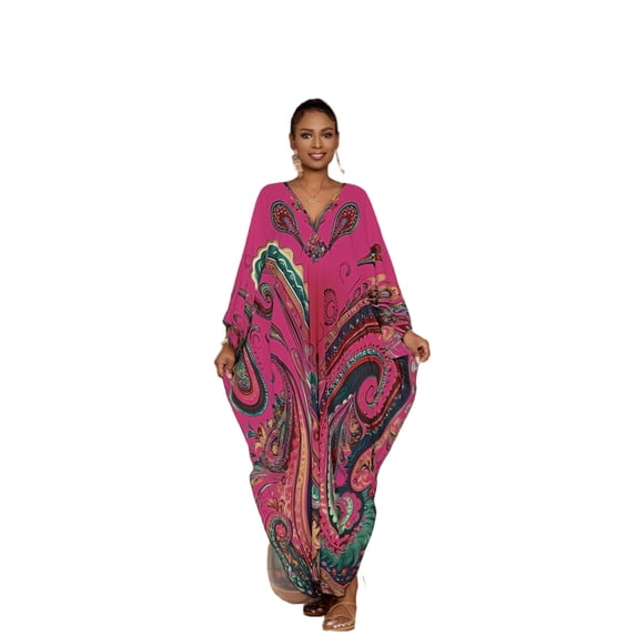 Bsubseach Fashion V Neck Paisley Print Batwing Sleeve Kaftan Maxi Dress Women Beach Cover Up Caftan, 1 Pack (One Size)