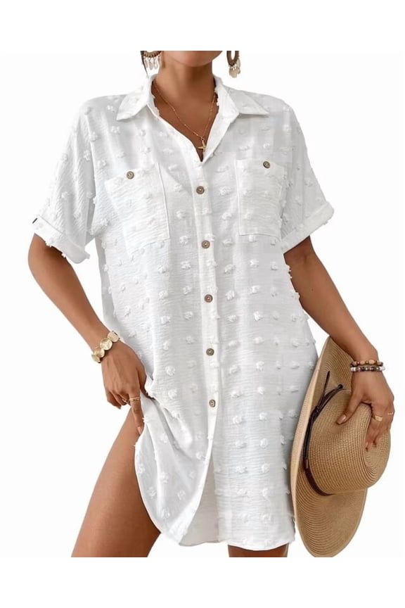 Women Beach Cover Ups Swiss Dot Shirt Dresses Button Down Swim Coverup Vacation Outfits