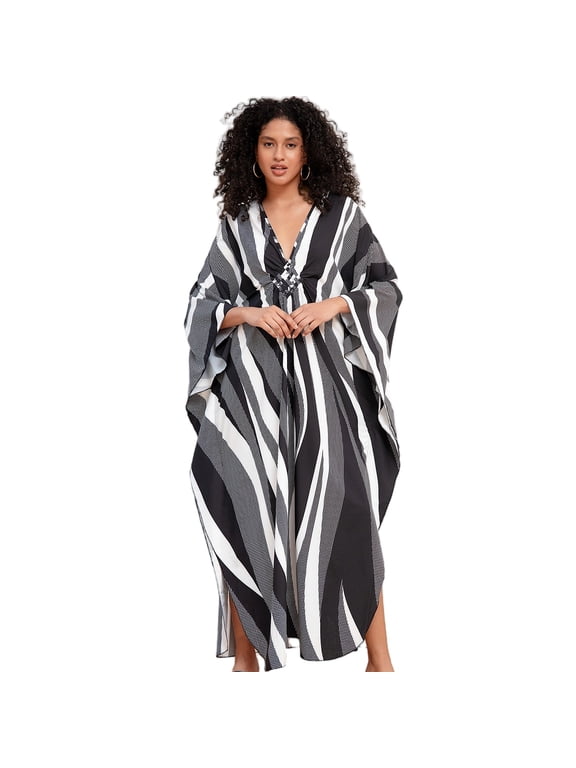 Women Plus Size Ethnic Print Kaftan Maxi Dress Beach Swimsuit Cover Up