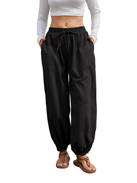 Women's Cotton Harem Pants Drawstring Elastic Waist Loose Beach Trousers with Pockets