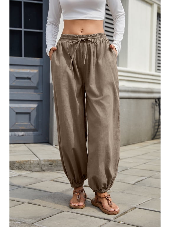 Women's Cotton Harem Pants Drawstring Elastic Waist Loose Beach Trousers with Pockets