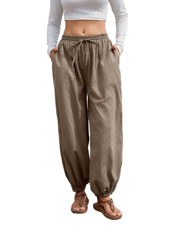 Women's Cotton Harem Pants Drawstring Elastic Waist Loose Beach Trousers with Pockets