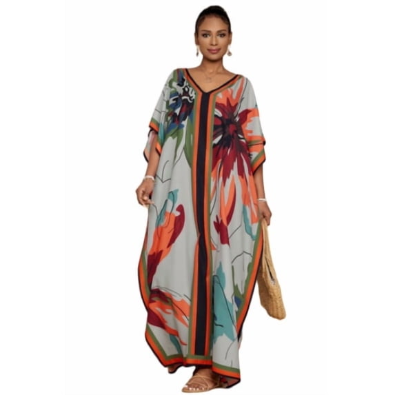 Bsubseach Fashion Womens V Neck Abstract Floral Print 100% Polyester Kaftan Beach Swim Cover Up Maxi Dress, S-XXL