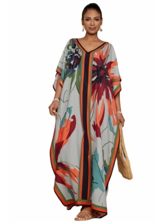 Womens V Neck Abstract Floral Print 100% Polyester Kaftan Beach Swim Cover Up Maxi Dress, S-XXL