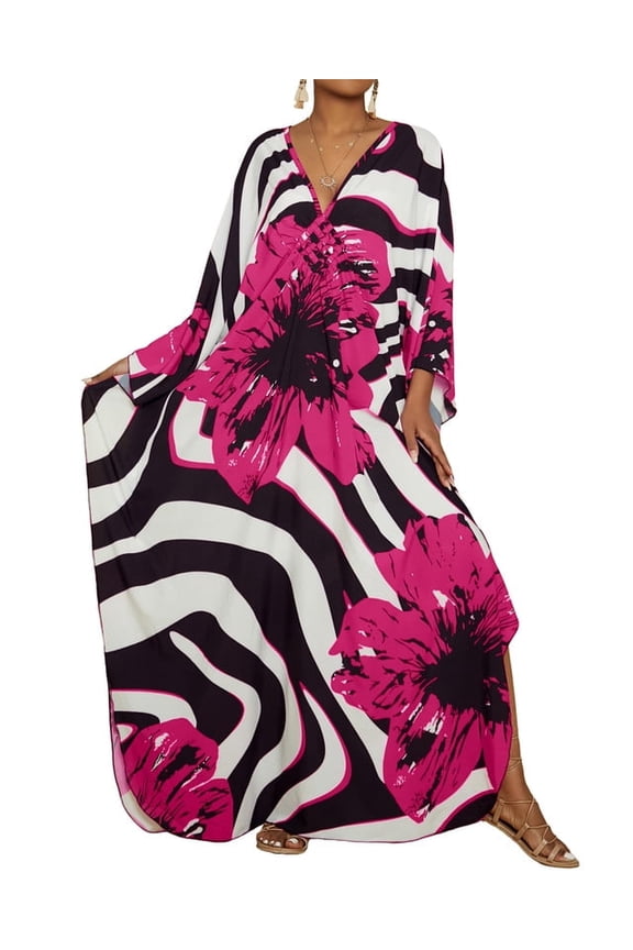 Floral Caftan Beachwear, Swimwear Cover-Ups (Women's Plus) Pink Flowers
