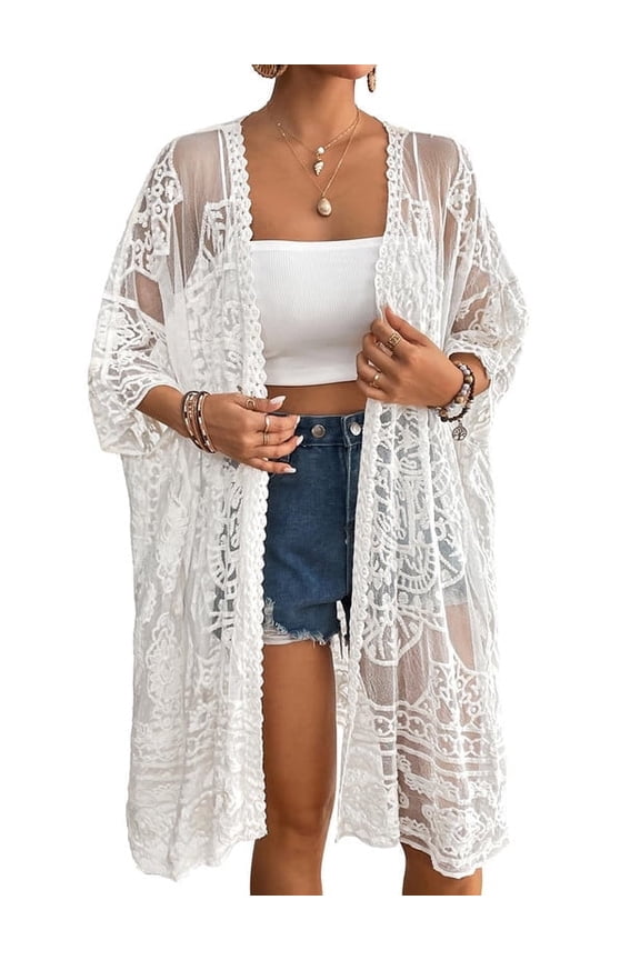 Floral Lace Kimono for Women bathing Suit Cover Up Sexy Mesh Kimono Cardigan Summer Outfits