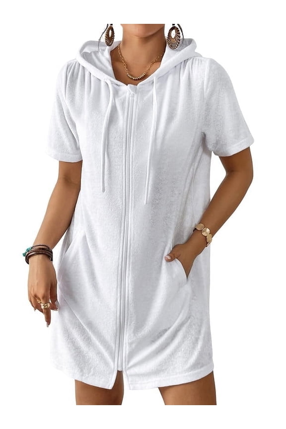 Hooded Swimsuit Cover Up Terry Cloth Zipper Dress Beach Coverups with Pockets