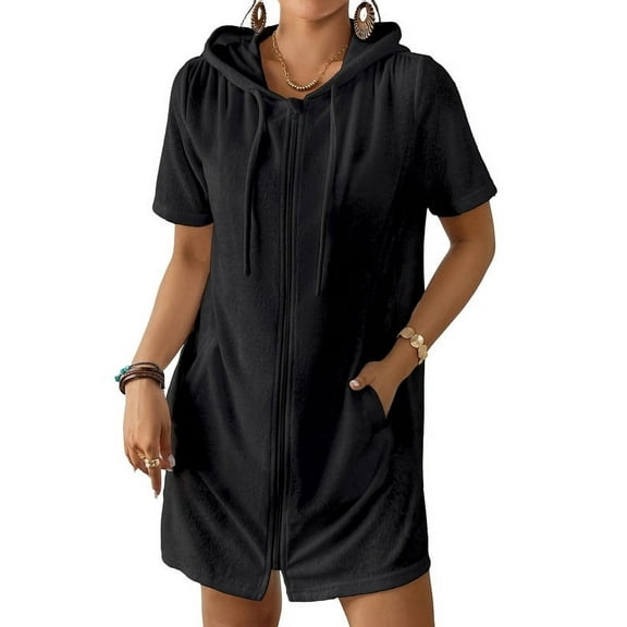 Bsubseach Hooded Swimsuit Cover Up Terry Cloth Zipper Dress Beach Coverups with Pockets