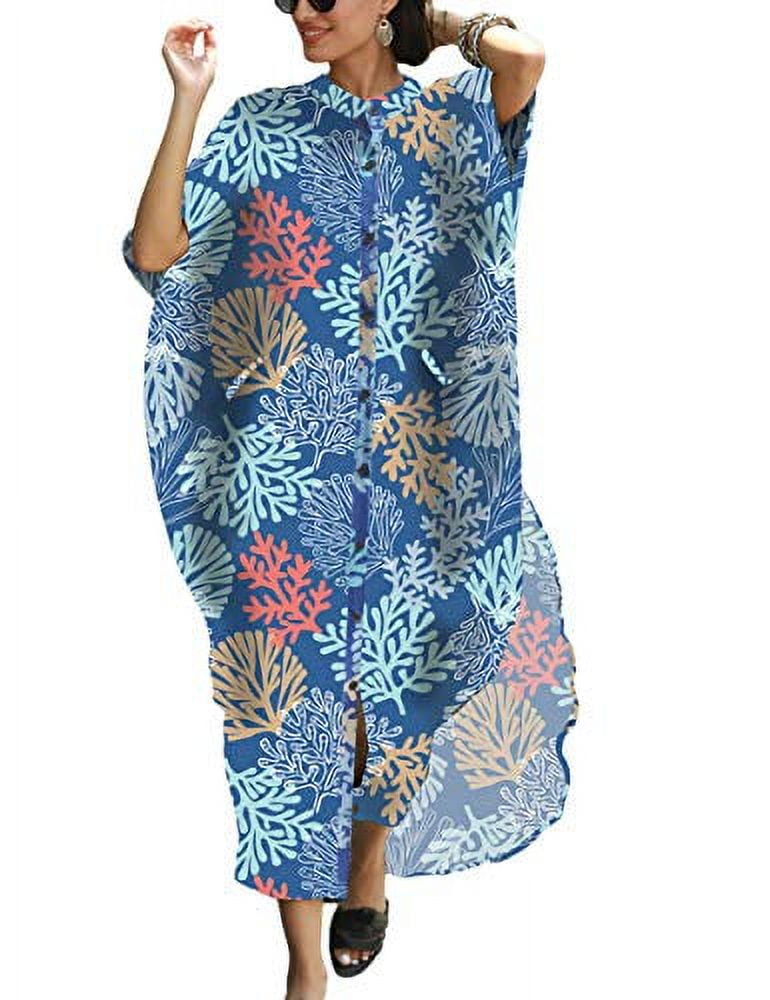 Gavya Long Kaftan Dress For Women Plus Size - Elephant Print, Free Size Maxi Kimono Cover Up For Beach Or Lounge