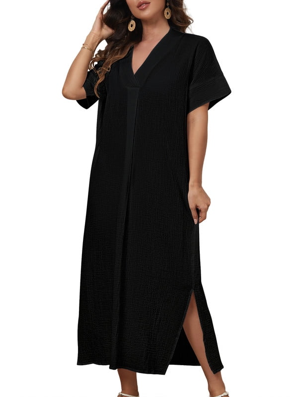 Bsubseach Ladies Swimsuit Cover Up Black Side Site Cotton Kaftan V Neck