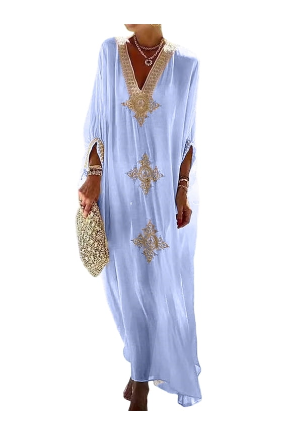 Long Kaftan Dresses for Women Gold Embroidery Beach Outfits Plus Size Summer Caftan