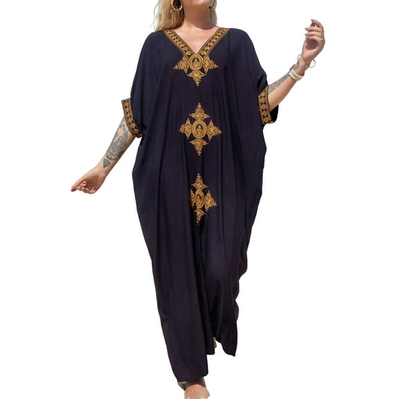 Bsubseach Long Kaftan Dresses for Women Gold Embroidery Beach Outfits Plus Size Summer Caftan