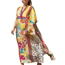 Bsubseach Plus Size Swimsuit Cover up for Women Vintage Print Casual Summer Dress Maxi Caftan