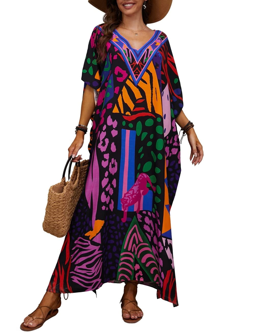 Bsubseach Print Kaftan Casual V Neck Swim Cover Up for Women Maxi