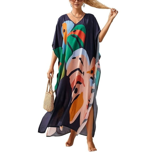 Bsubseach Print Kaftan V Neck Swim Cover Ups for Women Summer Outfits Beach Maxi Dress