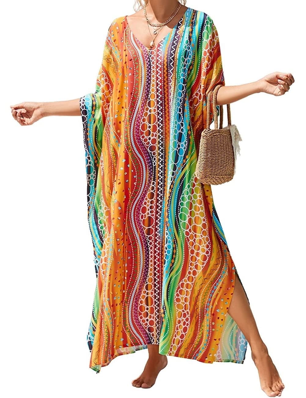 Bsubseach Print Kaftan V Neck Swim Cover Ups for Women Summer Outfits