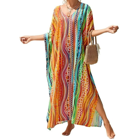 Bsubseach Print Kaftan V Neck Swim Cover Ups for Women Summer Outfits Summer Beach Maxi Dresses