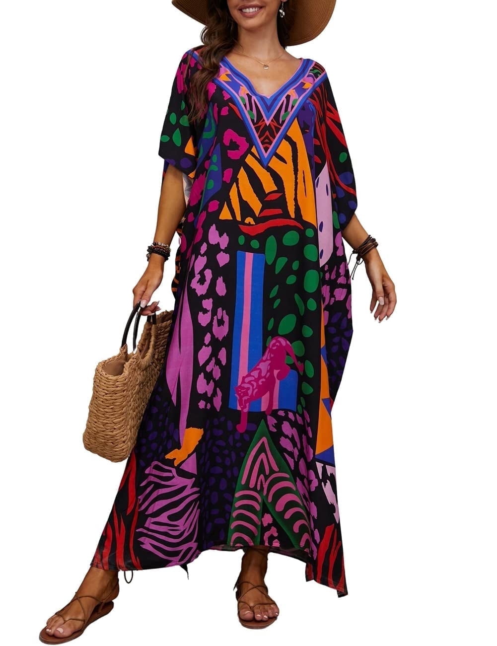 Women's Boho Tribal Print Beach Cover Up – V Neck Batwing Sleeve Summer