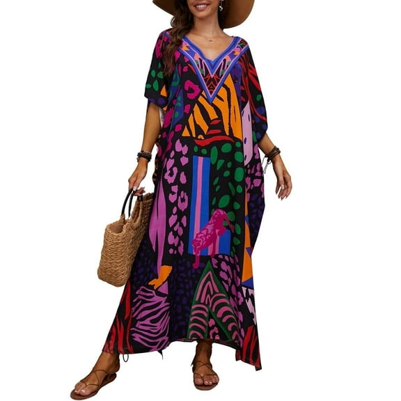 Bsubseach Print Kaftan V Neck Swim Cover Ups for Women Summer Outfits Summer Beach Maxi Dresses