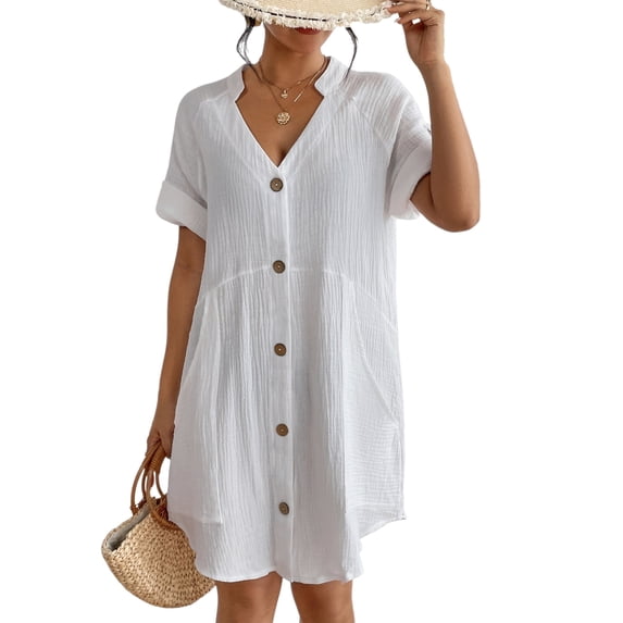 Bsubseach Sexy Bikini Cover Up for Women, 100% Cotton, White Short Sleeve Beach Dress, Size M