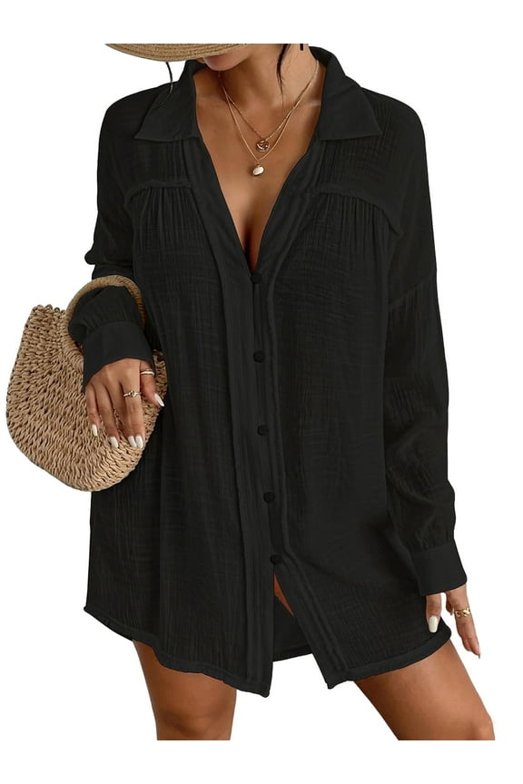Sheer Bathing Suit Cover Up for Women Long Sleeve Button Down Shirt Summer Outfits
