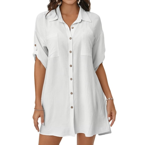 Bsubseach Shirt Dresses Women Swim Suit Cover Up Button Down Beachwear with Pockets