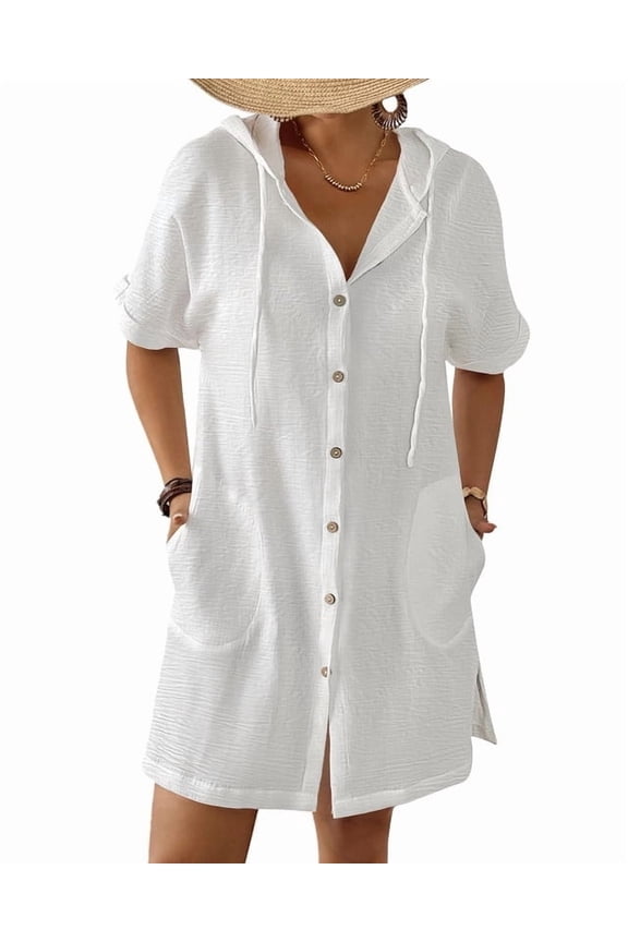 Short Sleeve Beach Coverup Women's Hooded Swimsuit Cover Up Button Down Shirt Dress