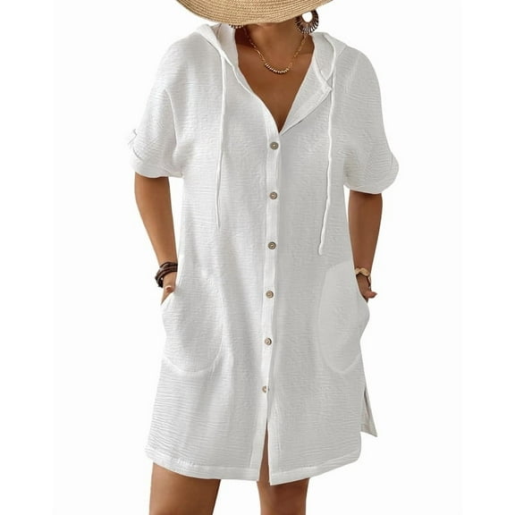Bsubseach Short Sleeve Beach Coverup Women's Hooded Swimsuit Cover Up Button Down Shirt Dress