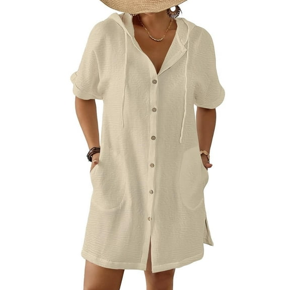Bsubseach Short Sleeve Beach Coverup Women's Hooded Swimsuit Cover Up Button Down Shirt Dress