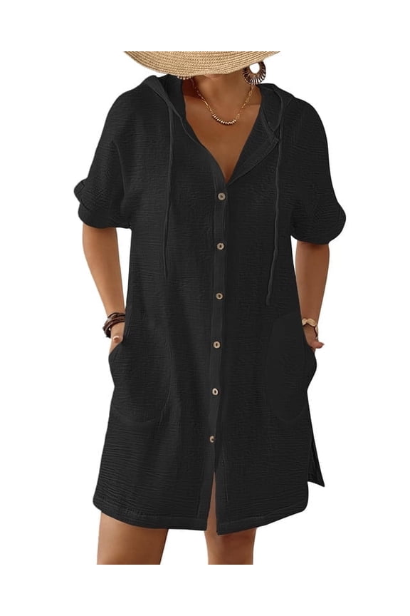 Short Sleeve Beach Coverup Women's Hooded Swimsuit Cover Up Button Down Shirt Dress