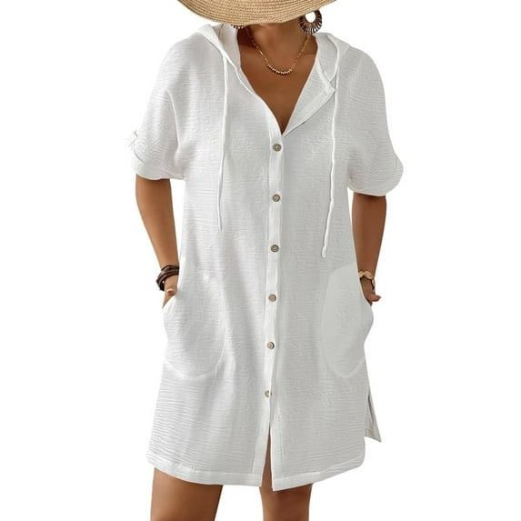 Bsubseach Short Sleeve Beach Coverup Women's Hooded Swimsuit Cover Up Button Down Shirt Dress