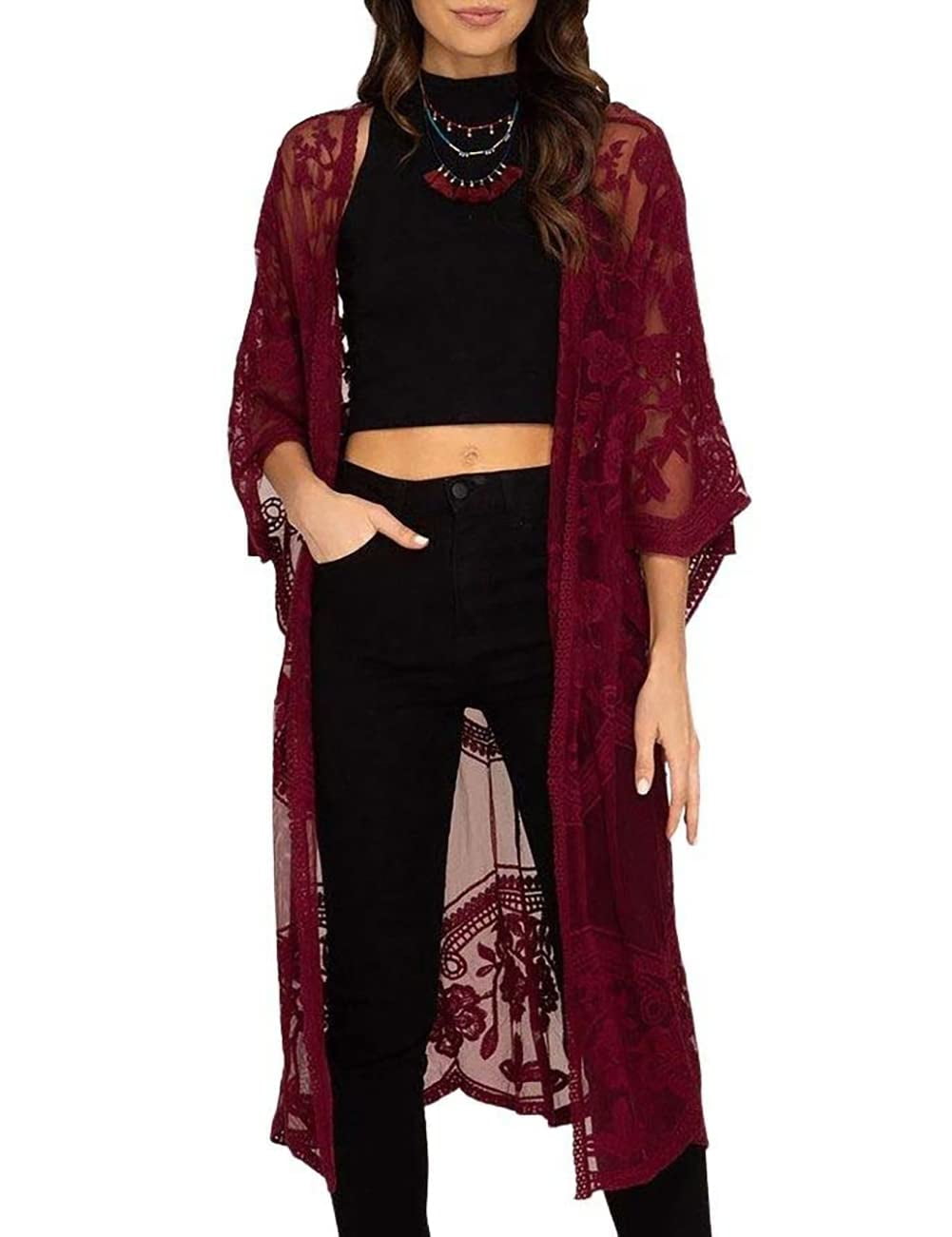 Bsubseach Swim Cover ups for Women Mesh Lace Kimono Cardigan Open Front