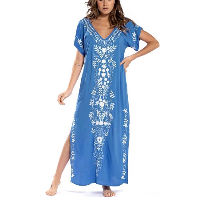 Bsubseach V Neck Short Sleeve Beach Long Dress Swimsuit Cover up for Women Swimwear Kaftan