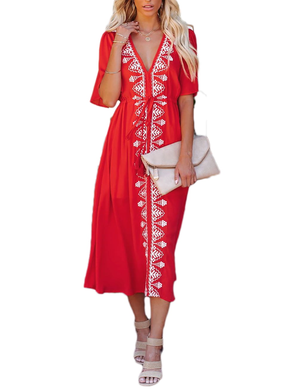 Bsubseach VNeck Swimsuit Cover up Short Sleeve Swimwear Casual Caftan Red Beach Dress