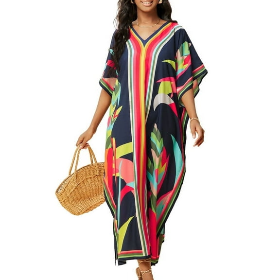 Bsubseach Women Bathing Suit Coverup Short V Neck Maxi Caftan Fashion Loose Beach Cover up Dresses