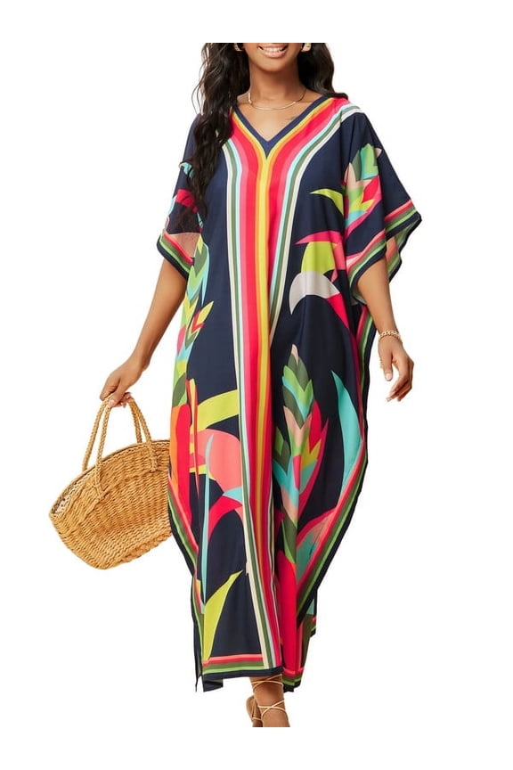 Women Bathing Suit Coverup Short V Neck Maxi Caftan Fashion Loose Beach Cover up Dresses