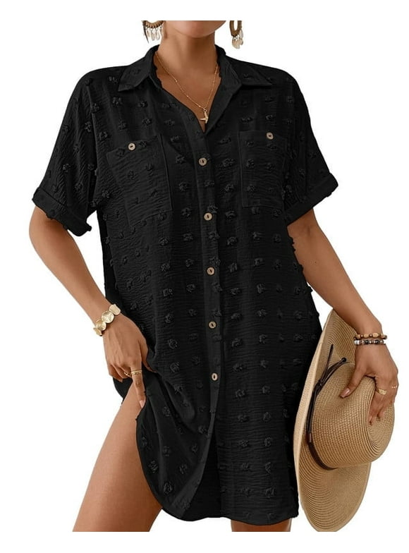 Women Beach Cover Ups Swiss Dot Shirt Dresses Button Down Swim Coverup Vacation Outfits