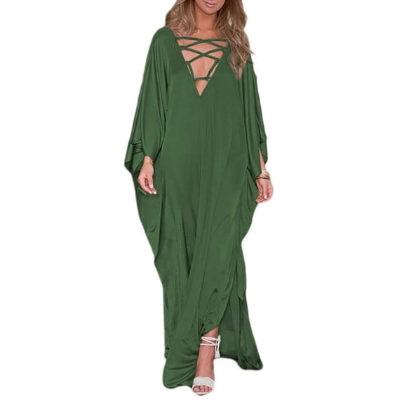 Bsubseach Women Beach Cover up Lace V Neck Swimwear Batwing Sleeve Satin Beach Loose Dress Swimsuit Beachwear