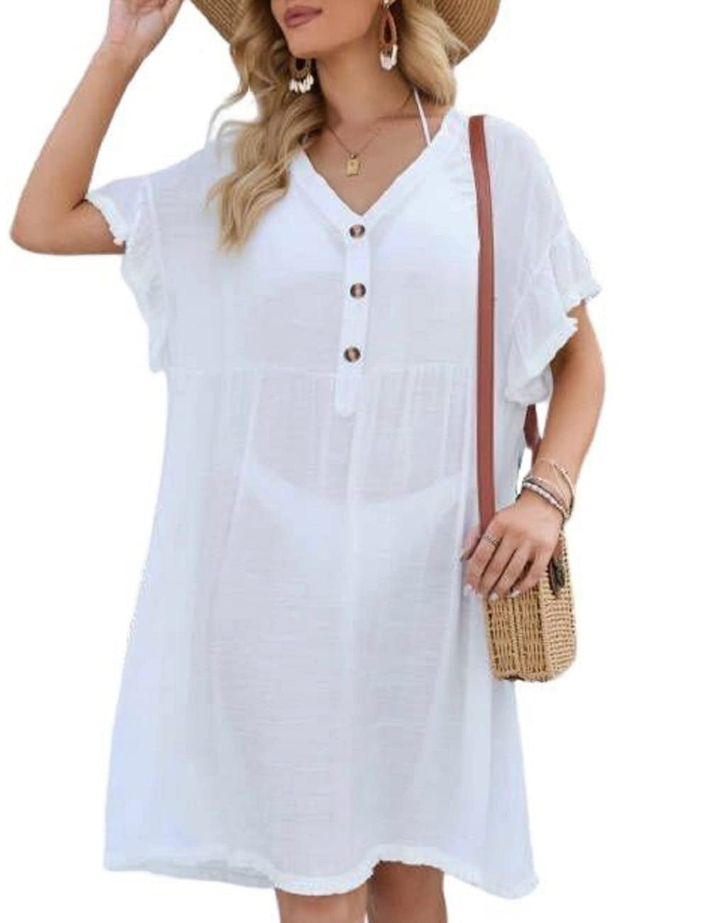 Bsubseach Women Beach Cover up Short Sleeve V Neck Swimsuit Cover Ups