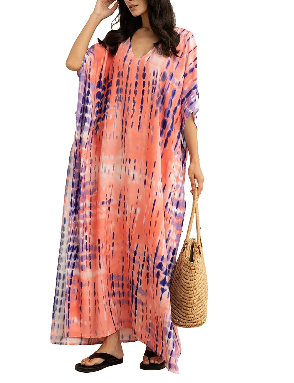 Leaf Print Chiffon Beach Kaftan Maxi Dress Women's Swim Cover Up