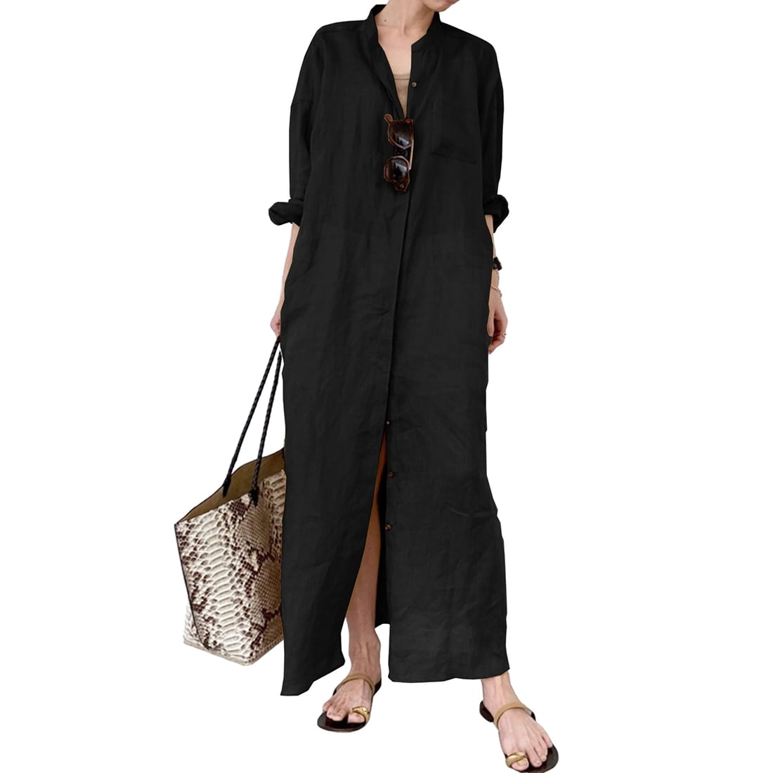 Bsubseach Women Black Button Down Swimsuit Cover up Loose Black Bikini